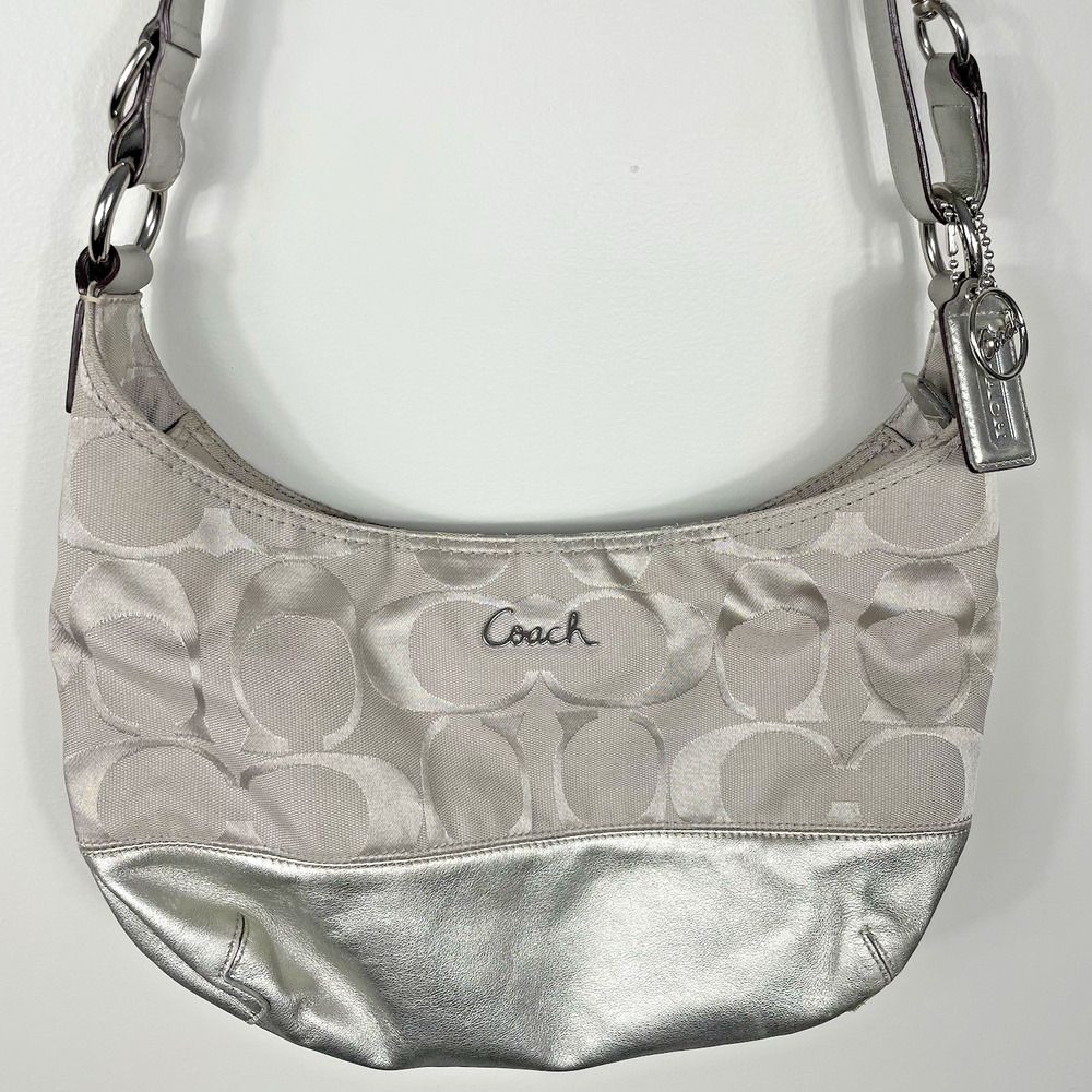 Coach Signature East West Duffle Shoulder Bag Silver Beige Monogram Hobo Purse